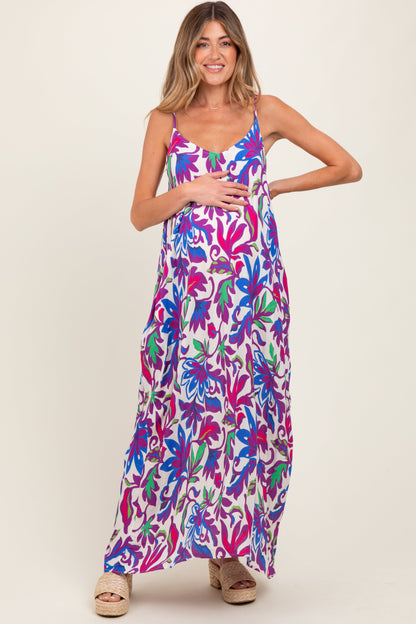 Purple Leaf Print Sleeveless Maternity Maxi Dress