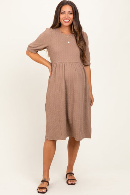 Taupe Textured Knit Puff Sleeve Maternity Midi Dress