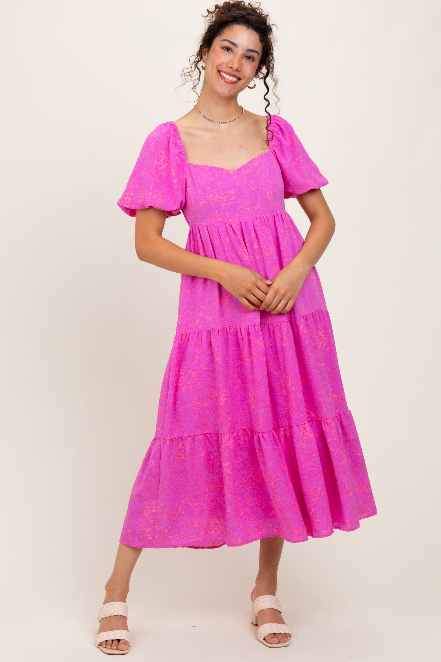 Pink Printed Puff Sleeve Tiered Maternity Midi Dress
