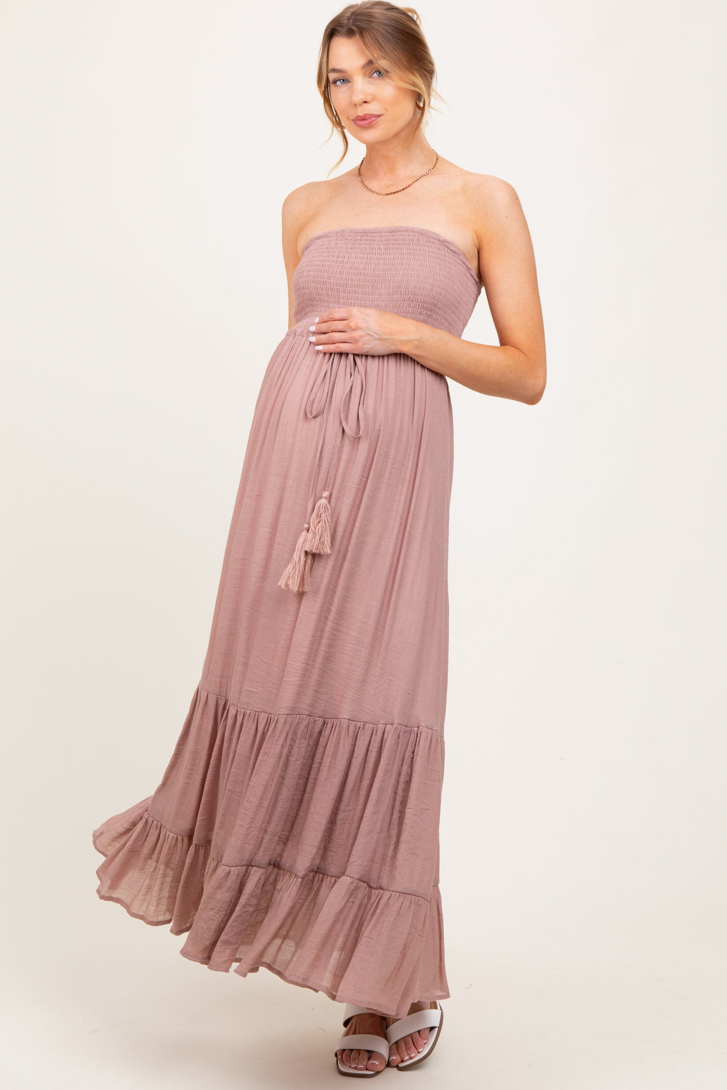 Mauve Smocked Strapless Front Tie Maternity Maxi Dress