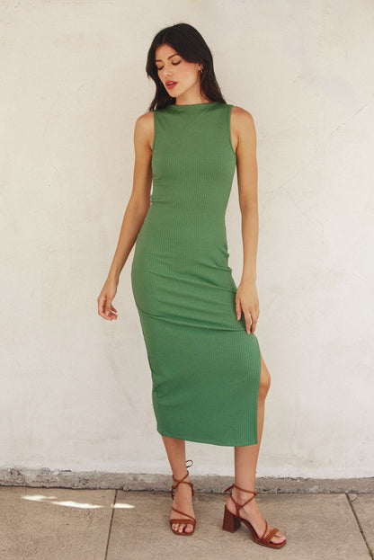 Green Mock Neck Side Slit Maternity Midi Dress