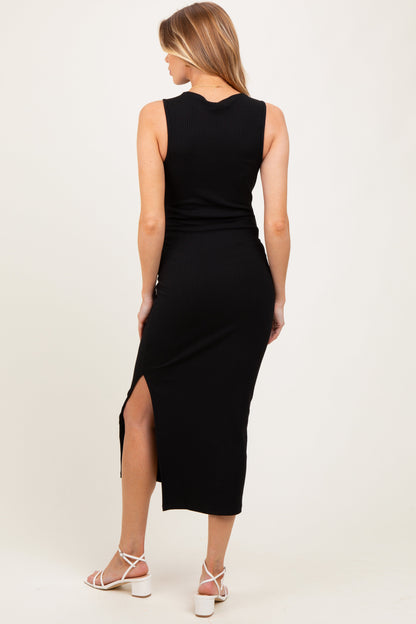 Black Mock Neck Side Slit Maternity Midi Dress