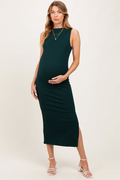 Forest Green Mock Neck Side Slit Maternity Midi Dress
