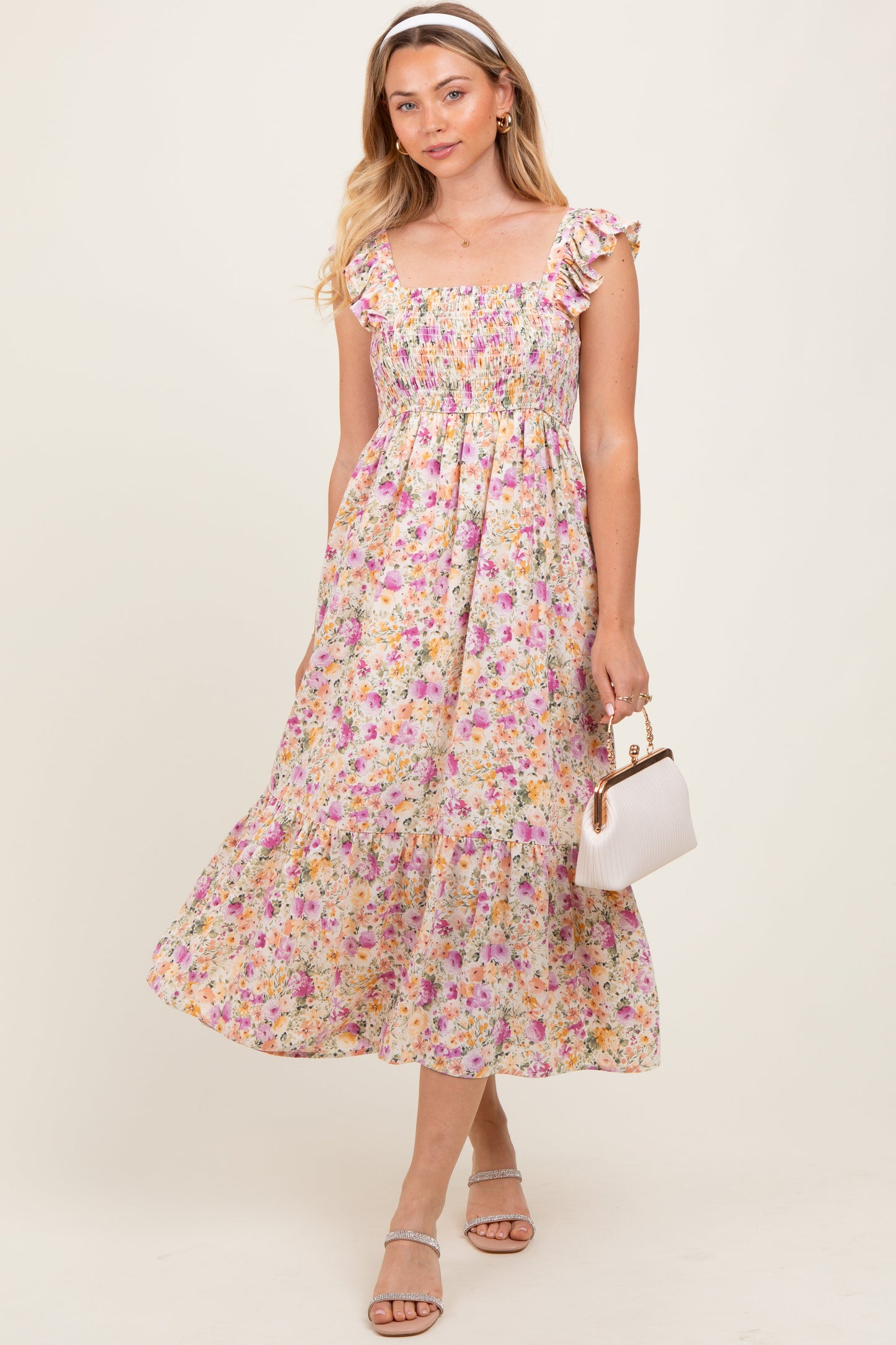 Multi Color Floral Flutter Sleeve Smocked Maternity Midi Dress