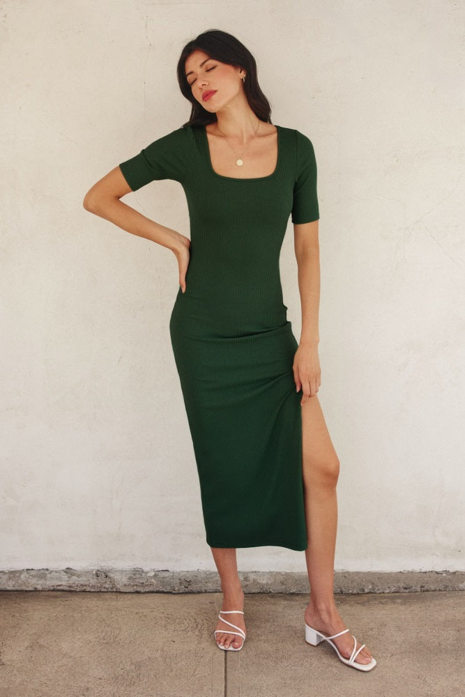 Forest Green Ribbed Short Sleeve Side Slit Maternity Midi Dress