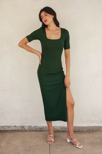 Forest Green Ribbed Short Sleeve Side Slit Maternity Midi Dress