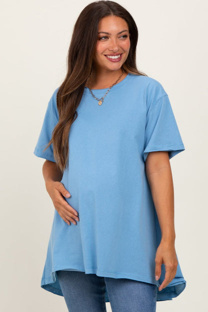 Blue Oversized Cut Hem Maternity Short Sleeve T-Shirt