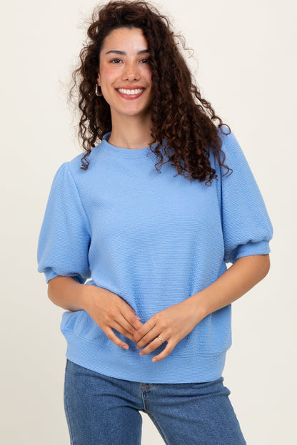 Blue Knit Maternity Puff Sleeve Top