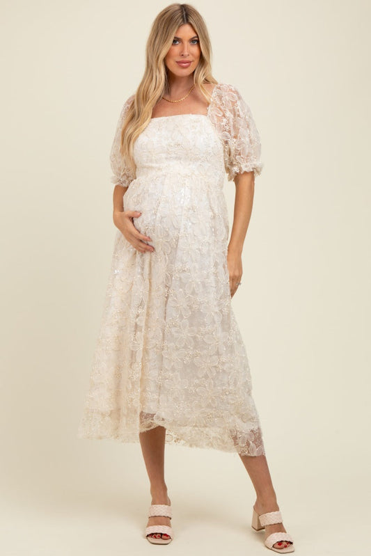 Cream Floral Mesh Overlay Tie Back Maternity Midi Dress