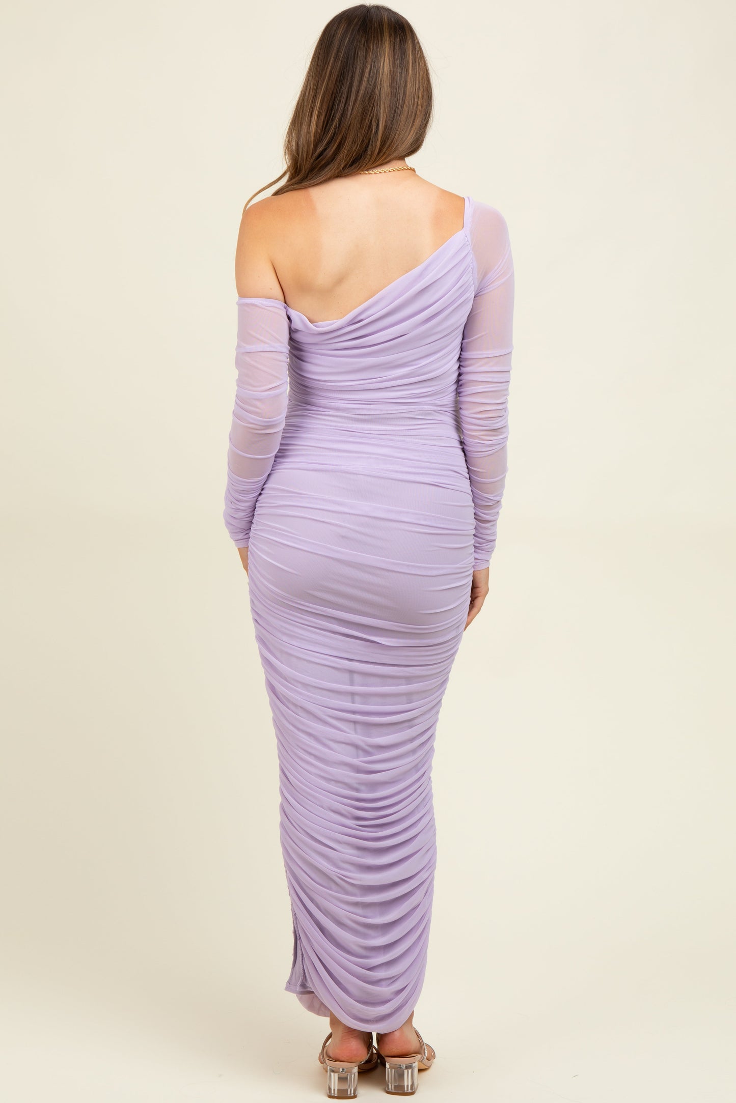 Lavender Ruched Mesh One Shoulder Long Sleeve Maternity Maxi Dress