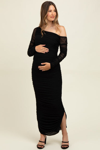 Black Ruched Mesh One Shoulder Long Sleeve Maternity Maxi Dress