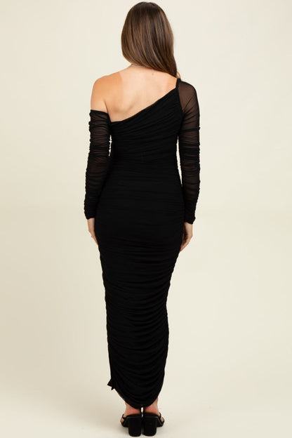 Black Ruched Mesh One Shoulder Long Sleeve Maternity Maxi Dress