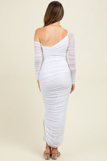 White Ruched Mesh One Shoulder Long Sleeve Maternity Maxi Dress