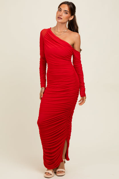 Red Ruched Mesh One Shoulder Long Sleeve Maternity Maxi Dress