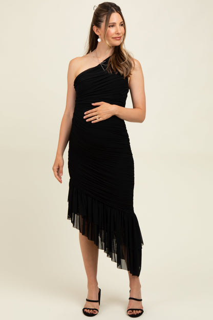 Black Ruched Mesh One Shoulder Asymmetric Maternity Dress