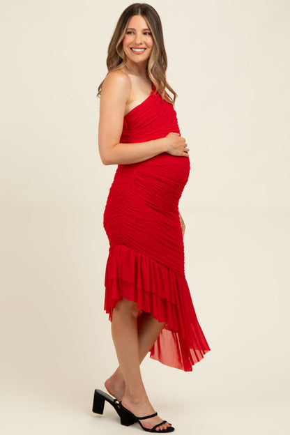 Red Ruched Mesh One Shoulder Asymmetric Maternity Dress