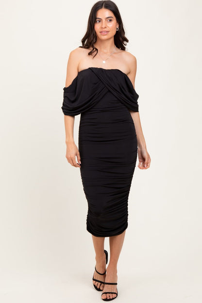 Black Off Shoulder Draped Ruched Maternity Midi Dress