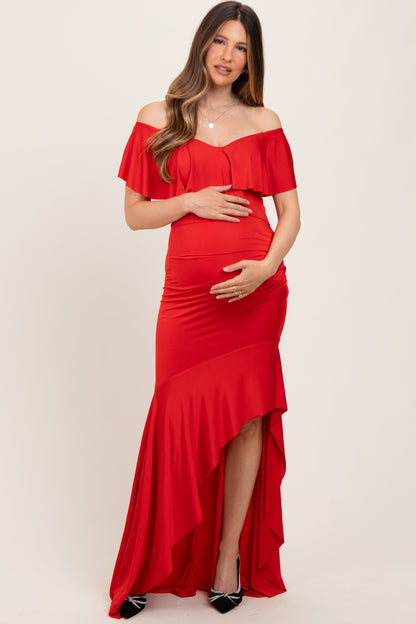 Red Off Shoulder Ruffle Hi-Low Maternity Maxi Dress