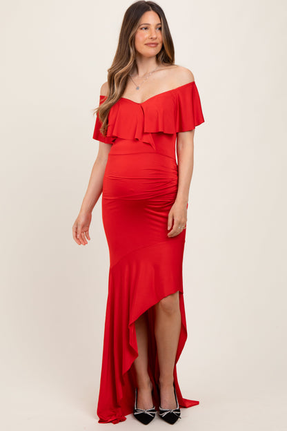Red Off Shoulder Ruffle Hi-Low Maternity Maxi Dress
