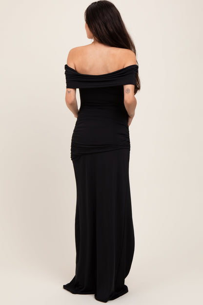Black Foldover Off Shoulder Ruched High Slit Maternity Maxi Dress