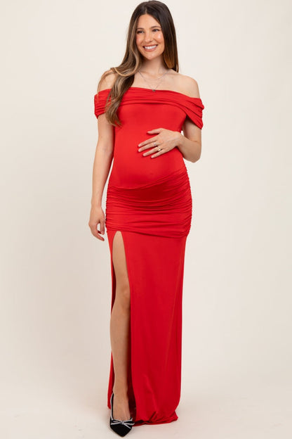 Red Foldover Off Shoulder Ruched High Slit Maternity Maxi Dress