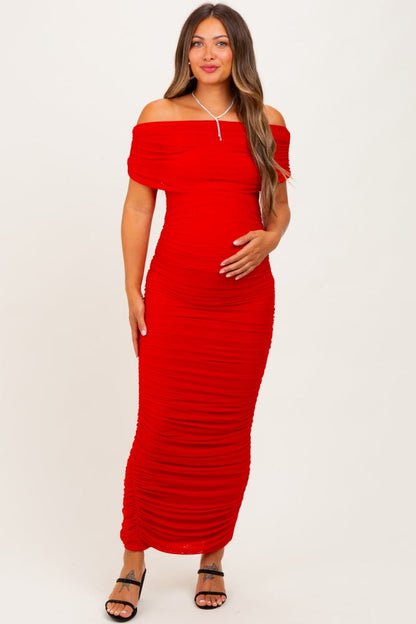 Red Ruched Mesh Foldover Off Shoulder Maternity Maxi Dress