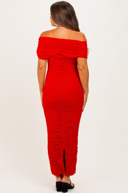 Red Ruched Mesh Foldover Off Shoulder Maternity Maxi Dress