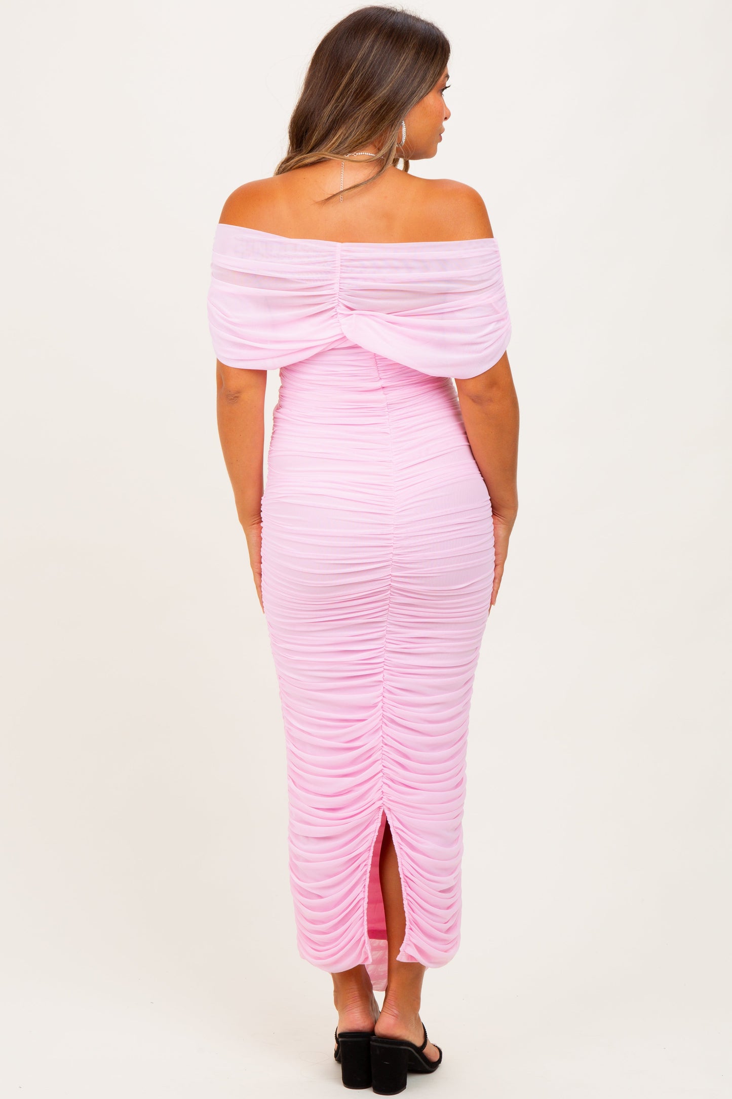 Light Pink Ruched Mesh Foldover Off Shoulder Maternity Maxi Dress