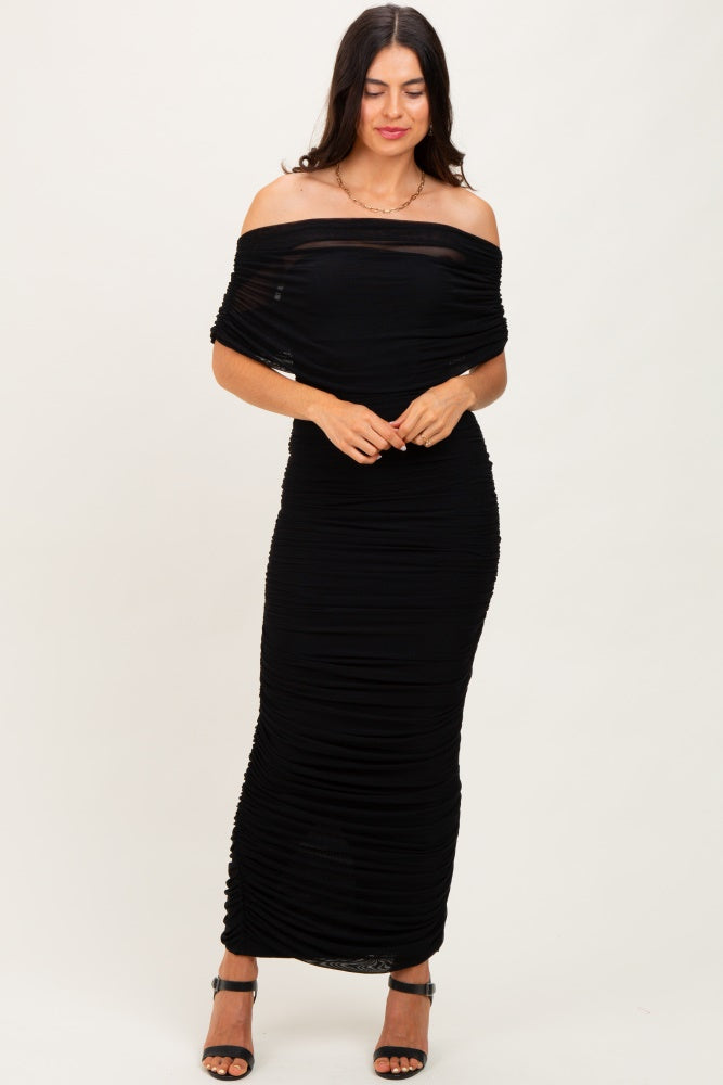 Black Ruched Mesh Foldover Off Shoulder Maternity Maxi Dress