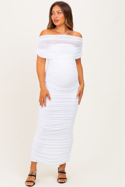 White Ruched Mesh Foldover Off Shoulder Maternity Maxi Dress