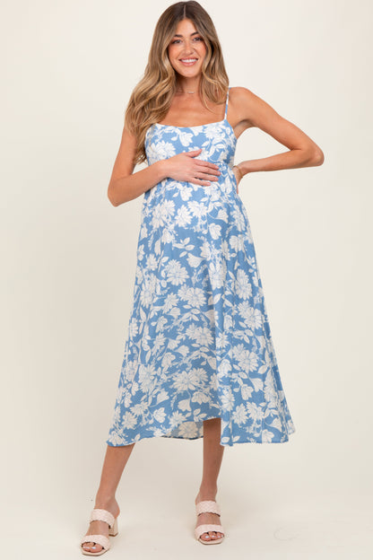 Blue Floral Sleeveless Maternity Midi Dress