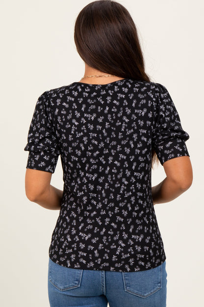 Black Floral Ribbed Puff Sleeve Maternity Top