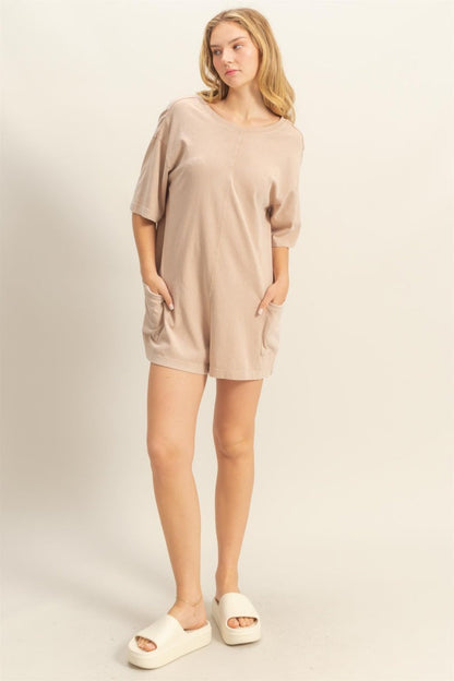 Beige V Back Short Sleeve Pocketed Maternity Romper
