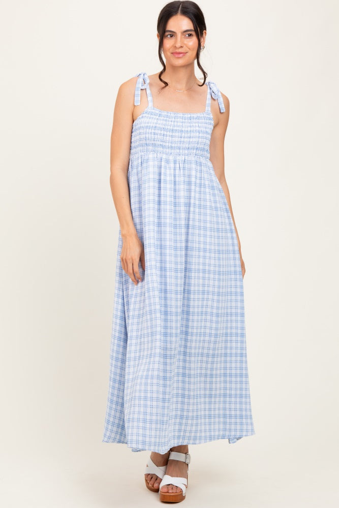 Blue Plaid Smocked Shoulder Tie Maternity Maxi Dress