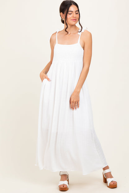 White Plaid Smocked Shoulder Tie Maternity Maxi Dress
