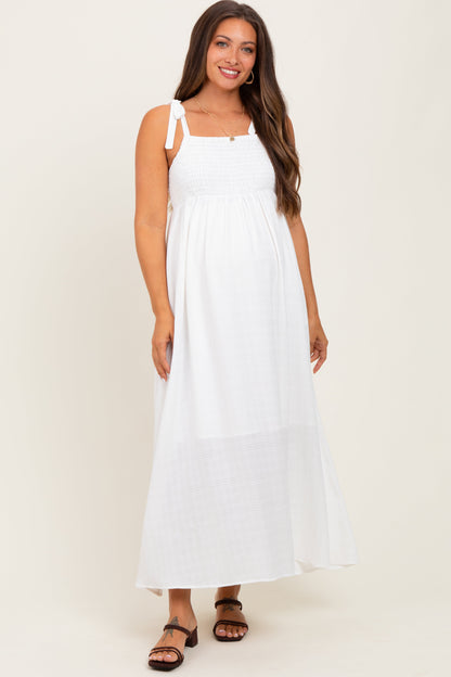 White Plaid Smocked Shoulder Tie Maternity Maxi Dress