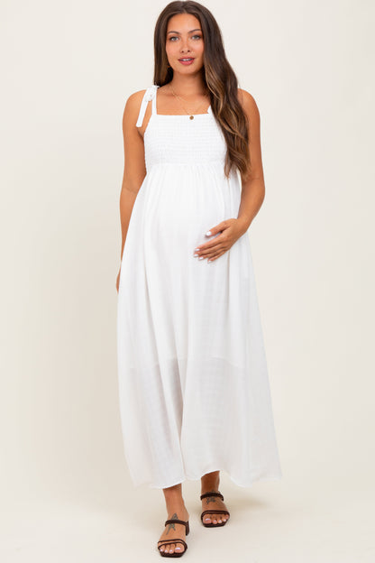 White Plaid Smocked Shoulder Tie Maternity Maxi Dress