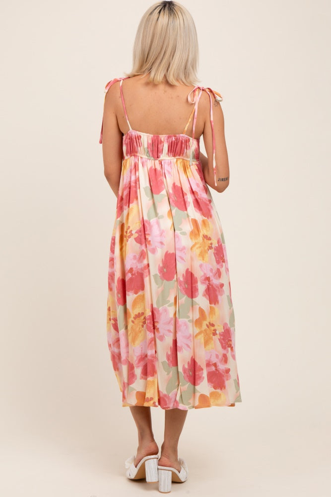 Coral Multi Floral Print Ruched Shoulder Tie Maternity Midi Dress
