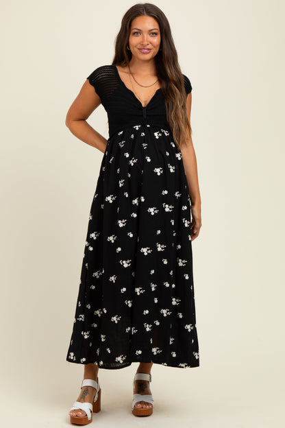Black Crochet Sweater Floral Embroidery Maternity Midi Dress