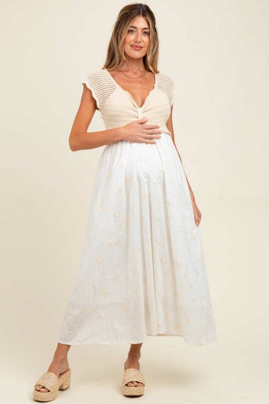 Ivory Crochet Sweater Floral Embroidery Maternity Midi Dress