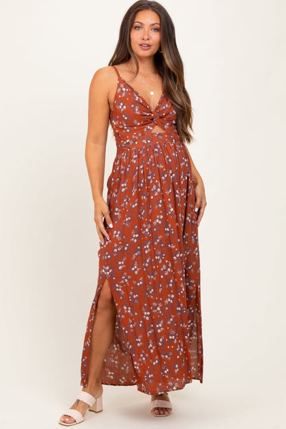Rust Floral Twist Front Cutout Maternity Maxi Dress
