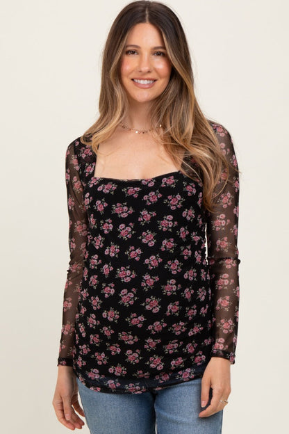 Black Square Neck Sheer Sleeve Maternity Floral Top