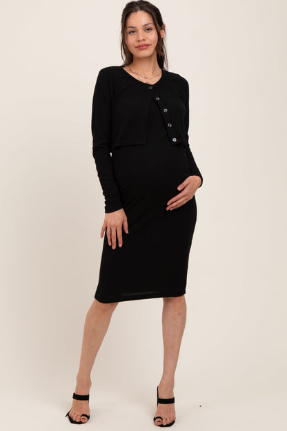 Black Crop Cardigan And Sleeveless Dress Maternity Set