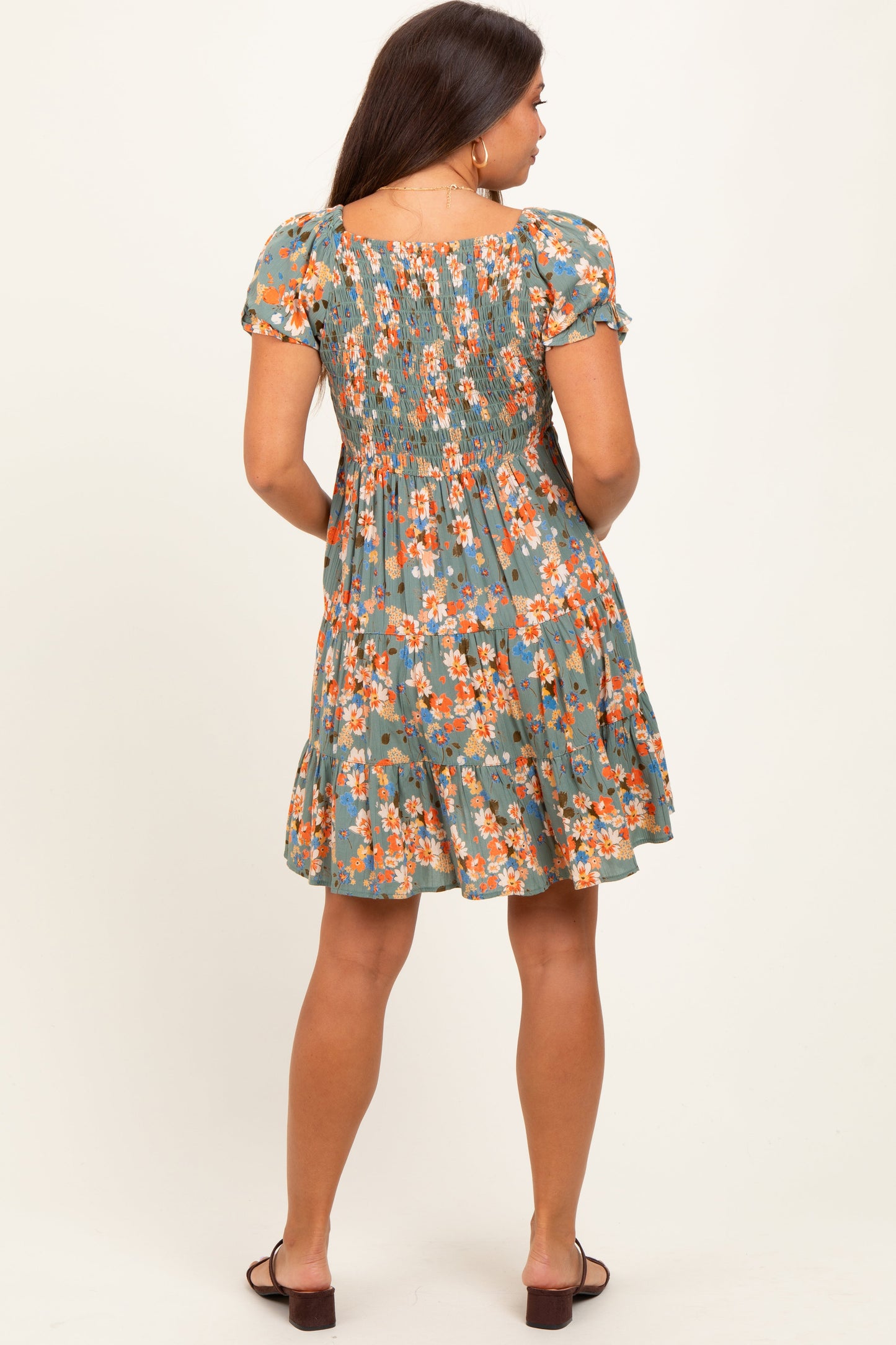 Olive Floral Smocked V-Neck Puff Sleeve Maternity Dress