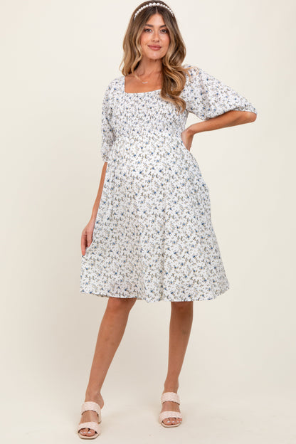 White Floral Smocked Maternity Midi Dress