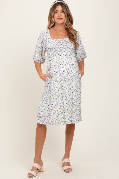 White Floral Smocked Maternity Midi Dress