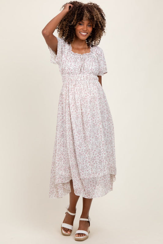 Ivory Floral Square Neck Front Tie Maternity Midi Dress