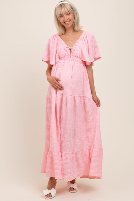 Light Pink Woven Textured Flutter Sleeve V-Neck Tiered Maternity Maxi Dress