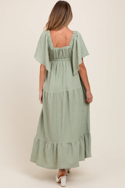 Sage Woven Textured Flutter Sleeve V-Neck Tiered Maternity Maxi Dress