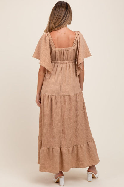 Taupe Woven Textured Flutter Sleeve V-Neck Tiered Maternity Maxi Dress